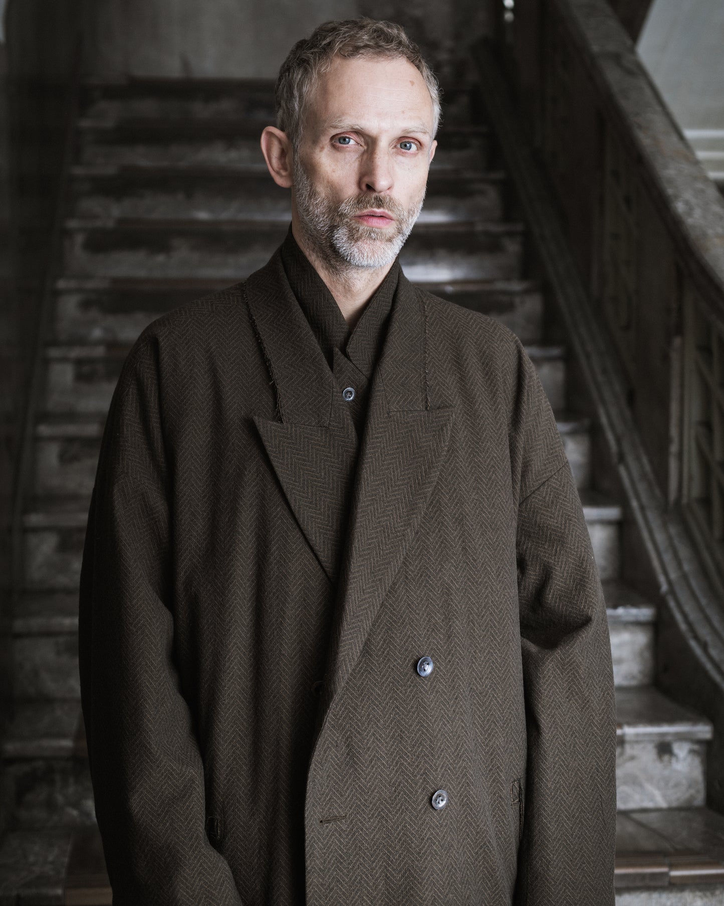 Raw edge collar double breasted overcoat