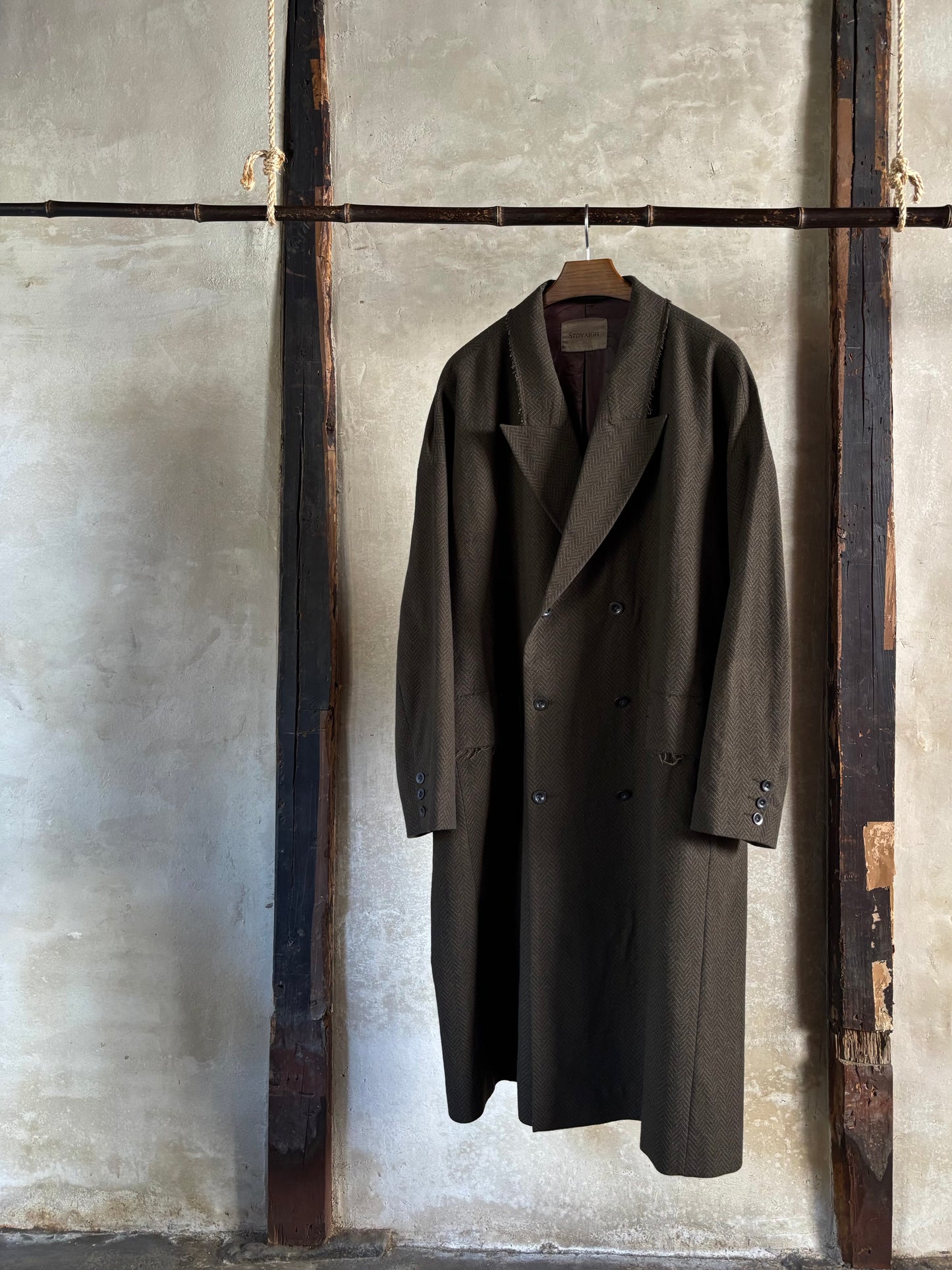 Raw edge collar double breasted overcoat